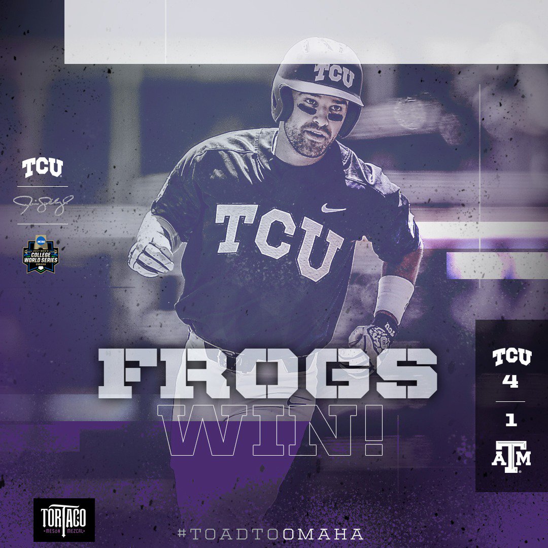 TCU_Baseball's tweet photo. Survive + Advance!

Howard's 💎 leads the Frogs past the Aggies and we will face Florida or Louisville on Thursday at 7! #ToadToOmaha https://t.co/DXrfsa6cAk