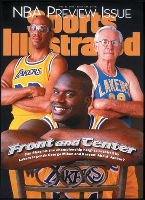 NBAbrds's tweet photo. All time great Laker centers (left to right) Kareem Abdul-Jabbar, Shaquille O"Neal and, George Mikan. https://t.co/SWOz7QlRtP