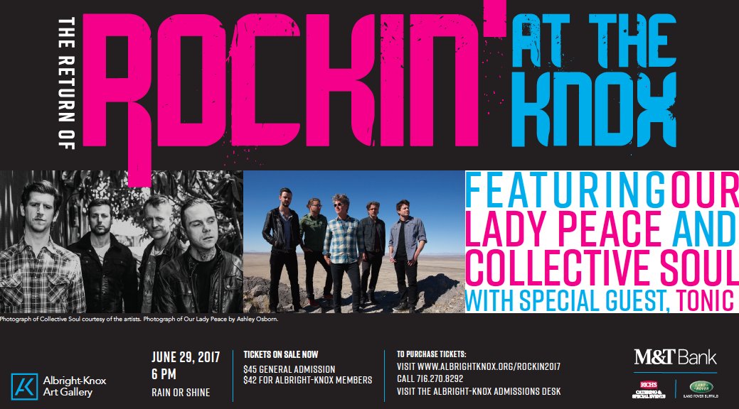 BuffaloAKG's tweet image. #Rockin2017 is June 29 and tickets are going fast! Don't miss @OurLadyPeace and @CollectiveSoul at the AK. TICKETS: bit.ly/2obEKMG