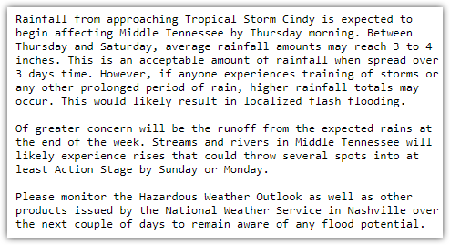 NashSevereWx's tweet photo. Hydrologic Outlook: Remnants of Tropical Storm Cindy to Bring Copious Rain to Middle Tennessee Thursday - Saturday. #Copius #ItsGonRain https://t.co/xeOT8VOpnh