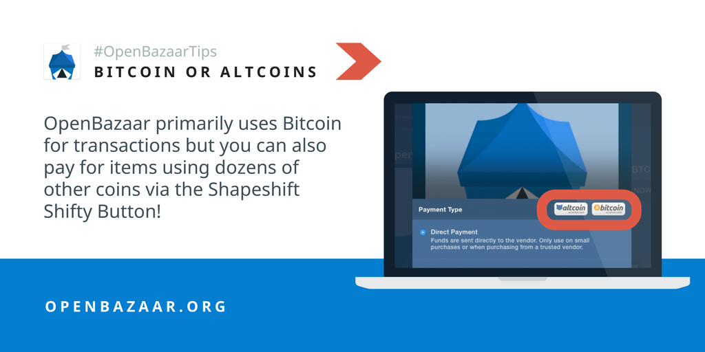 openbazaar's tweet photo. Ready to #ShopOpenBazaar? Pay with #bitcoin or use the @ShapeShift_io Shifty Button in the checkout to pay with other coins! https://t.co/qGmOtzPXmw