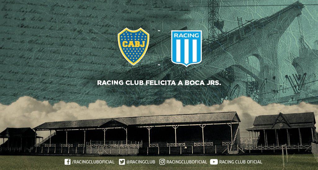 RacingClub's tweet photo. Felicitaciones a @BocaJrsOficial por la obtención del campeonato de Primera División 2016/2017! https://t.co/nZHq2QAAbG