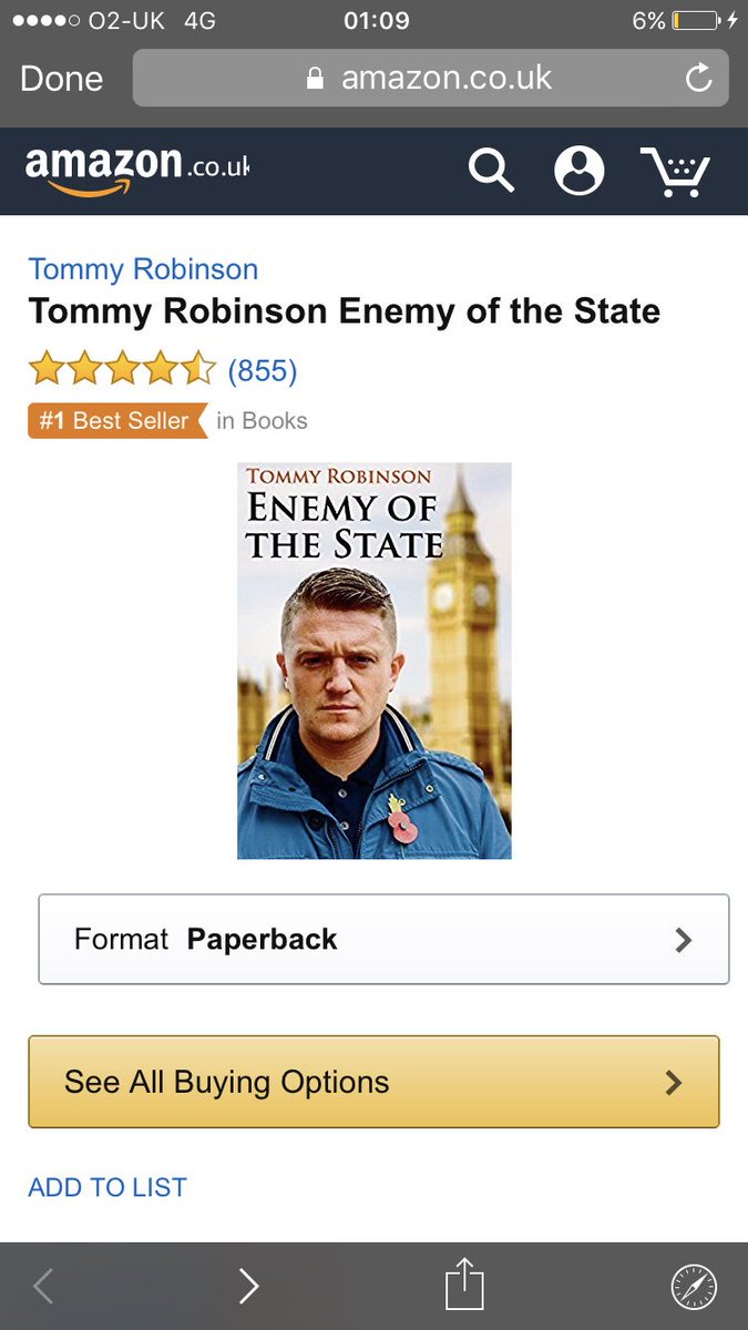 TRobinsonNewEra's tweet photo. Most hated man in Britain get number 1 best seller in ALL books . #proud #support thank you to you all. Feeling top of the world https://t.co/cC4ESR0aLK