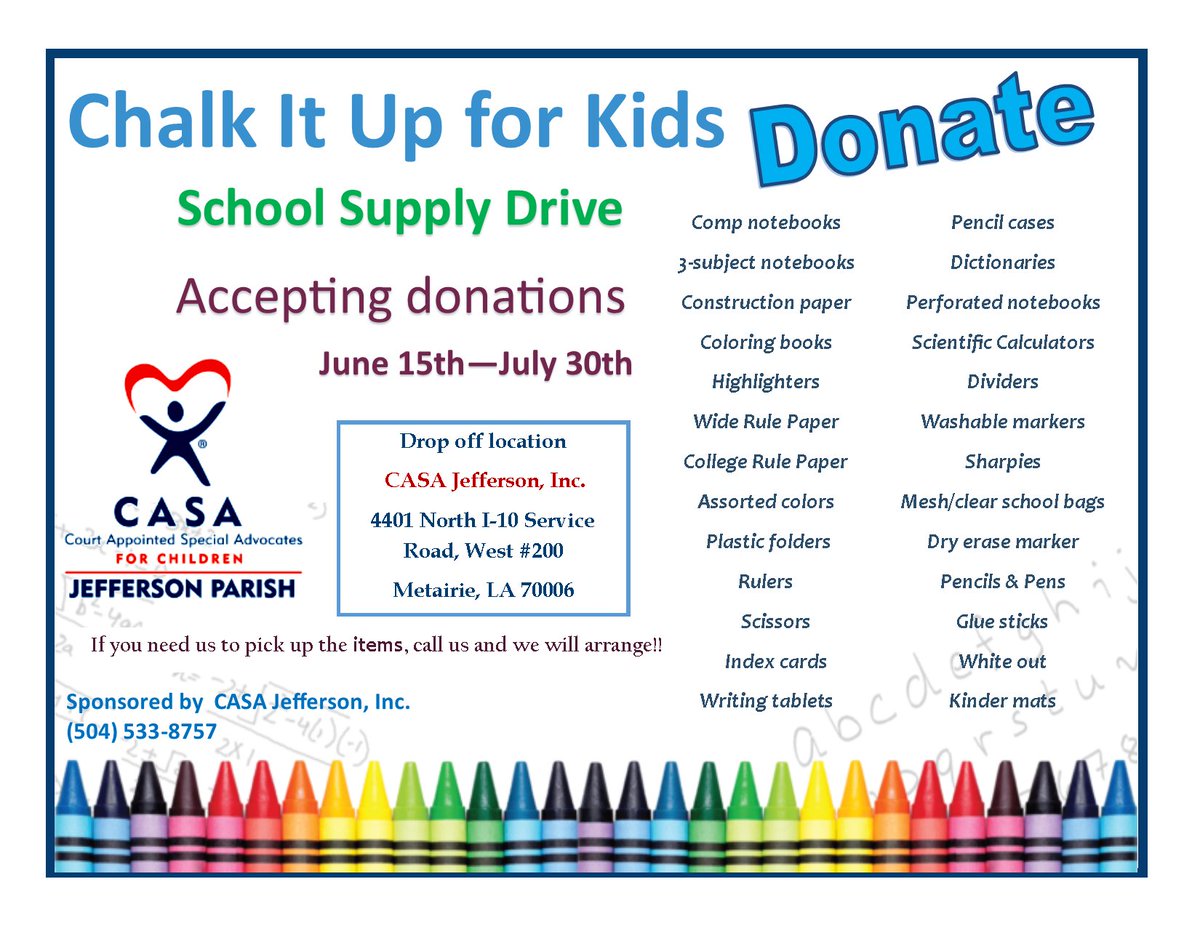 CASAJefferson's tweet image. You can show our foster care youth that you support their academic efforts by donating school supplies. #teamcasa #CASAStrong