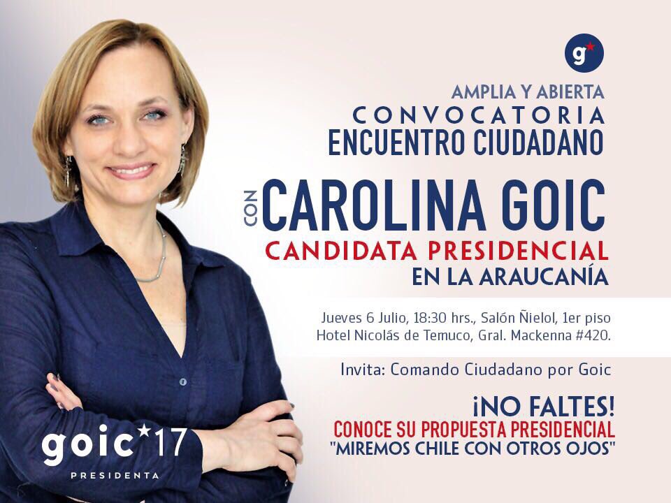 PDC_Chile's tweet photo. Atención Temuco‼️Participa del encuentro ciudadano con nuestra candidata @carolinagoic La invitación es a mirar 🇨🇱 con otros ojos 👏👏#Goic17 https://t.co/qHB2uTce9j
