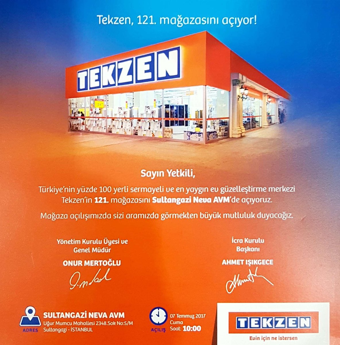 nevaoutlet's tweet photo. Neva AVM Tekzen Mağaza açılışına tüm halkımız  davetlidir. Tarih: 7 Temmuz Cuma Saat 10.00 Yer:Neva AVM #nevaavm #sultangazi #tekzen #acilis https://t.co/ymk7XTJ2Ap