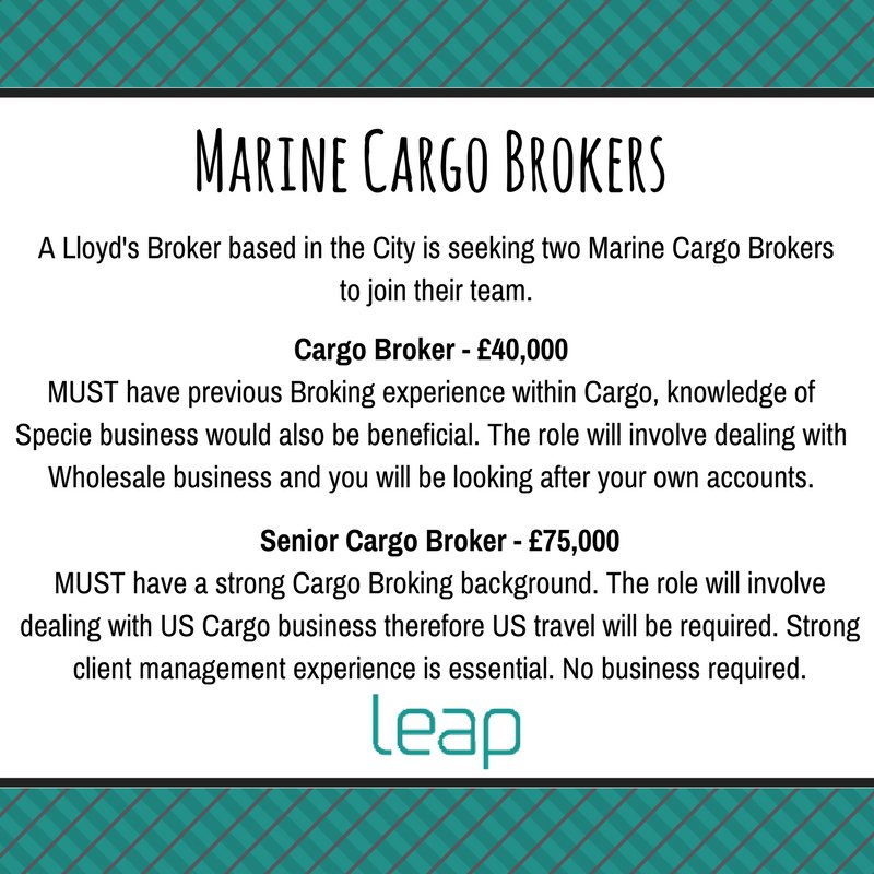**NEW VACANCIES - MARINE CARGO BROKERS - CITY OF LONDON** 

For more details please call 0203 753 5339