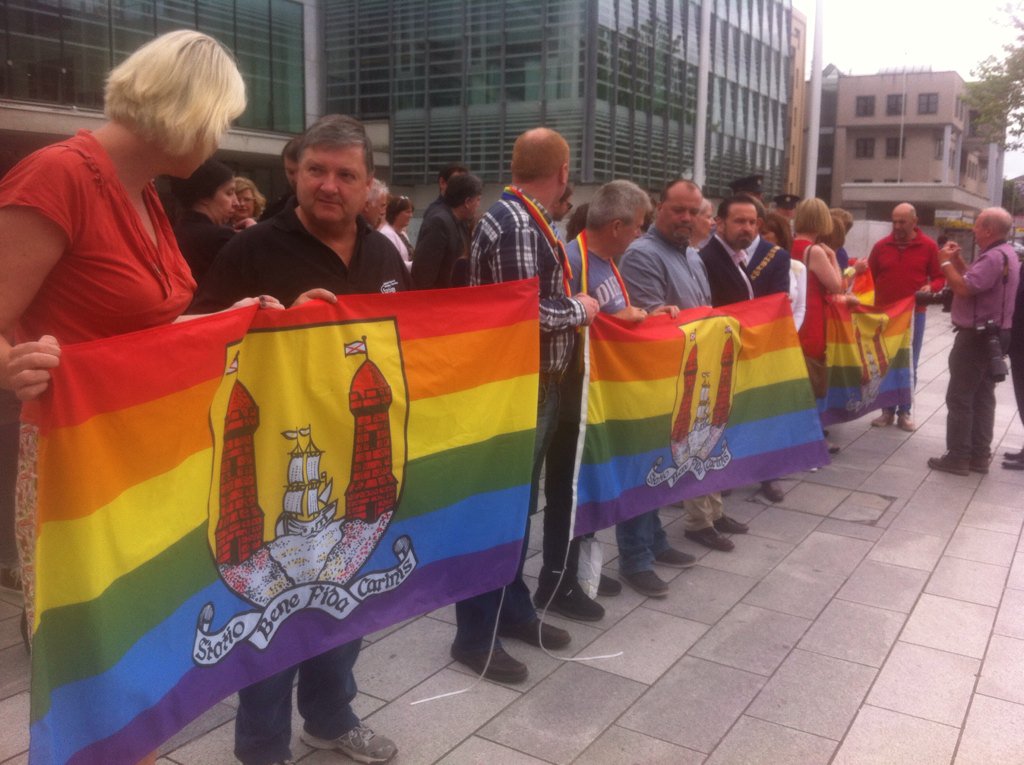 Jessjcasey's tweet photo. Guard of honour getting into place at #cork city hall, in tribute to equal rights and LGBT activist David Roche. https://t.co/KzEDPFpbaG