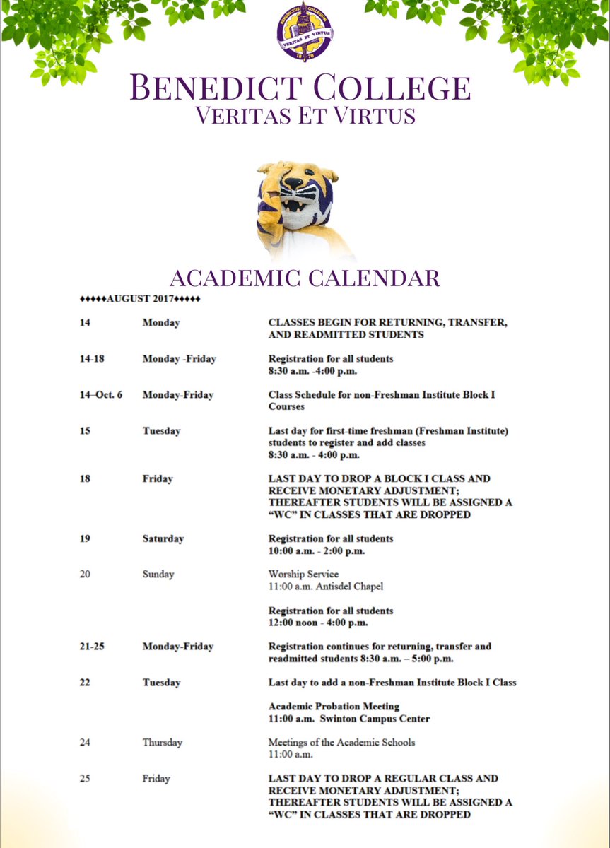 Bc Freshman Inst Bc Fi Twitter Benedict College Academic Calendar