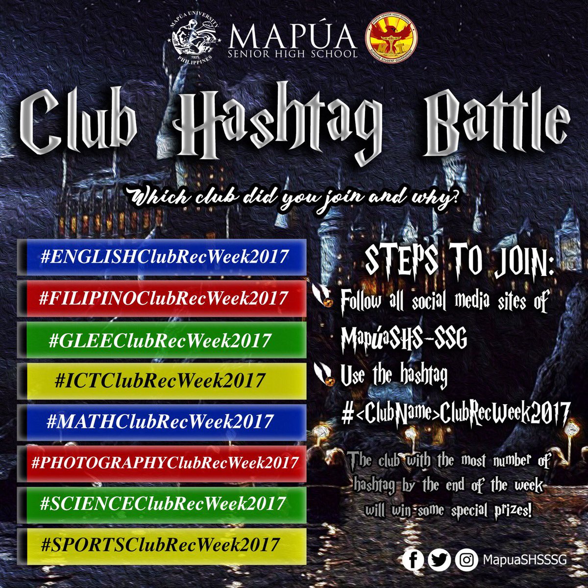 MapuaSHSSC's tweet photo. Greetings fellow wizards! Get ready with your magic spells & wands as we commence our CLUB HASHTAG BATTLE!
#ClubRecWeek2017
#MapúaSHS1718 https://t.co/hQXGHxjNeR