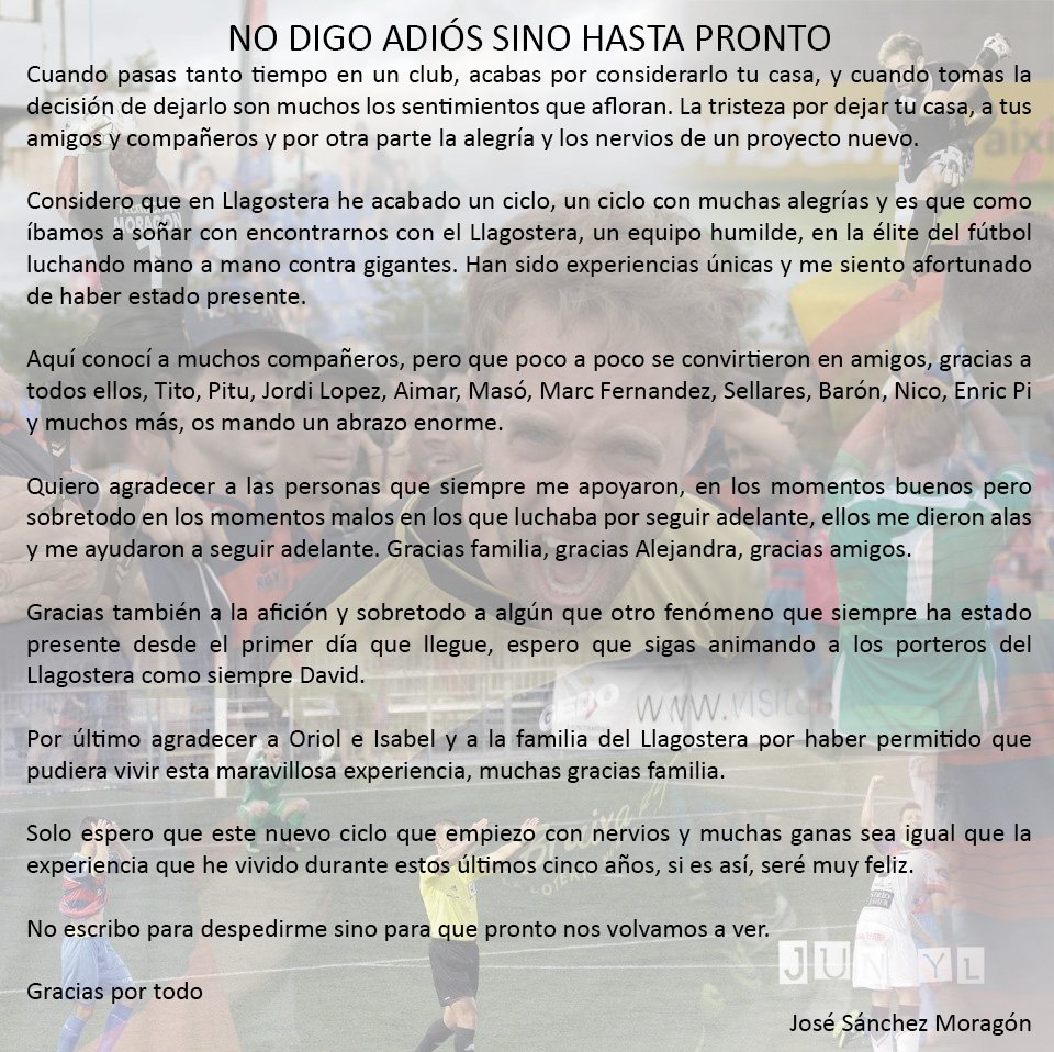 Moragon87's tweet photo. Ha llegado el momento, muchas gracias a todos y espero veros pronto familia @UELlagostera ⚽️ https://t.co/OUNy0uH4kz
