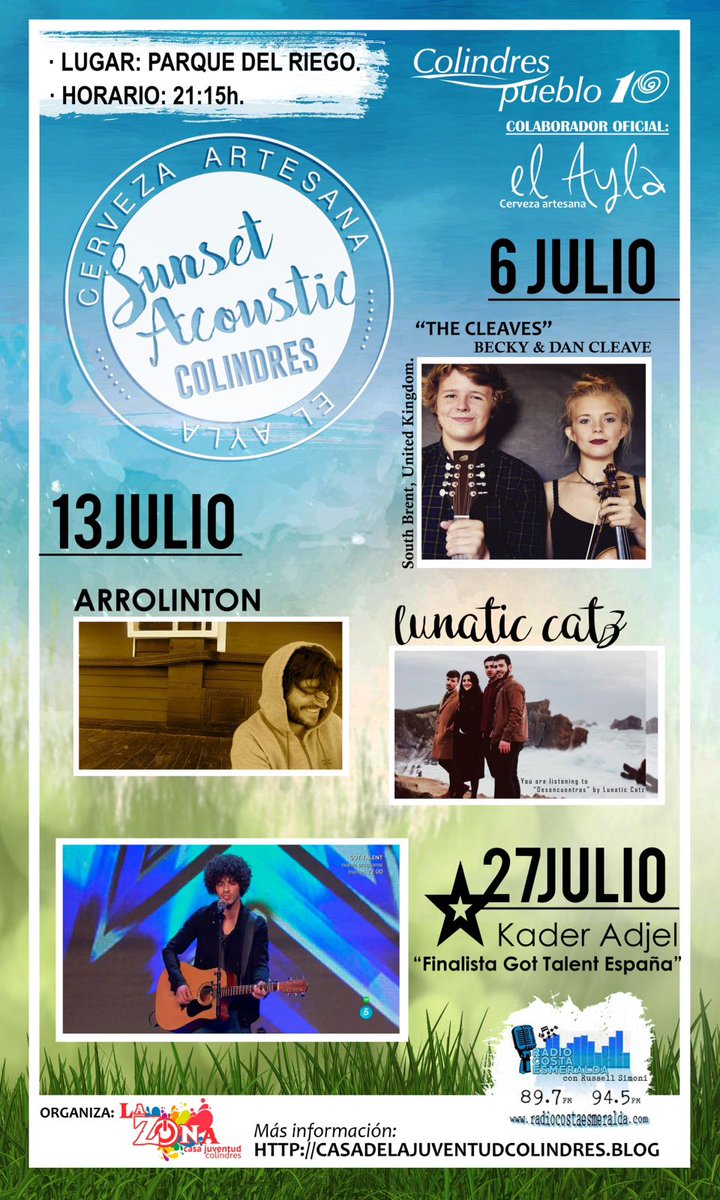 Sunset Acoustic #Colindres. En el Parque de Riego los mejores atardeceres y la mejor música en acústico. Jueves 6, 13 y 27 de julio 21:30