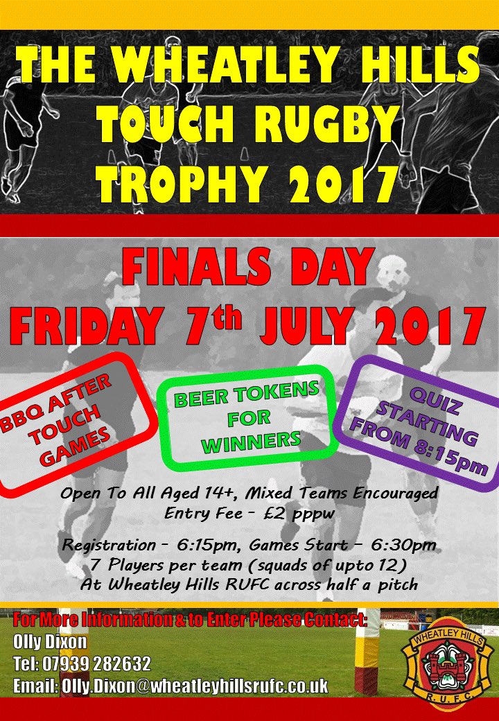 WheatleyHillsRU's tweet photo. Touch Trophy Finals, this Friday.

Games KO at 6:30pm

BBQ, Quiz and Beer after.

All teams welcome

@BarnsleyRUFC @DoncasterTouch https://t.co/ulUk4P2P4Q