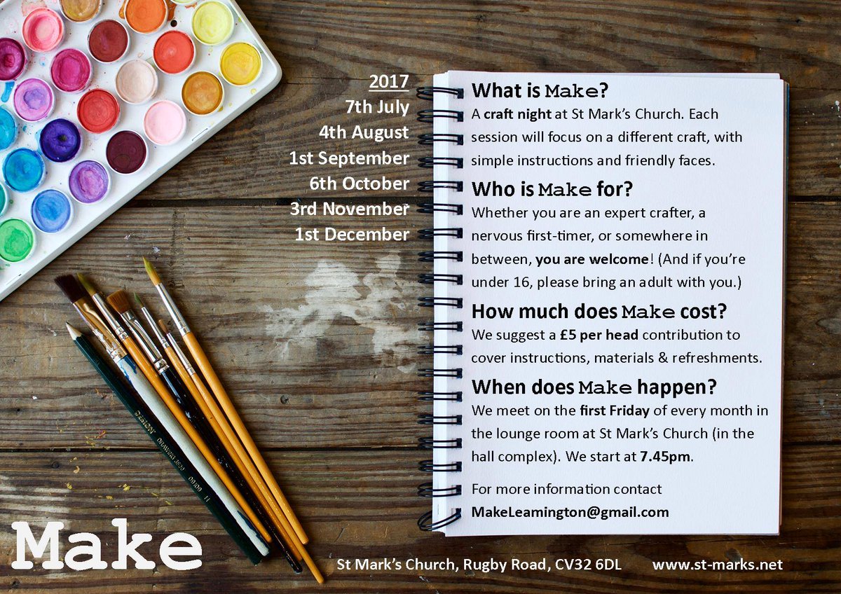 StMarksLSpa's tweet photo. New monthly craft evening starts this Friday at St Mark's, Rugby Road. All welcome, expert or novice! #Leamington #CraftGroup #Make https://t.co/Udg4SmaQ4m