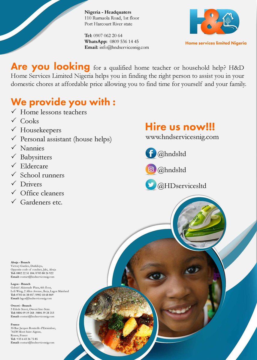 HDservicesltd's tweet image. GET RELIABLE DOMESTIC WORKERS IN ABUJA,LAGOS,OWERRI AND PORT HARCOURT!!!