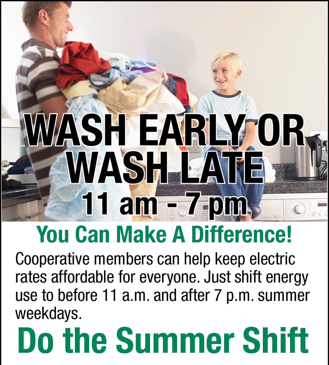 MiEnergyCoop's tweet photo. Do the #SummerShift. It's easy.....shift your energy use (like doing laundry early or late) on summer weekdays. https://t.co/9Wa1EEj4AG https://t.co/xgboF5hkE1