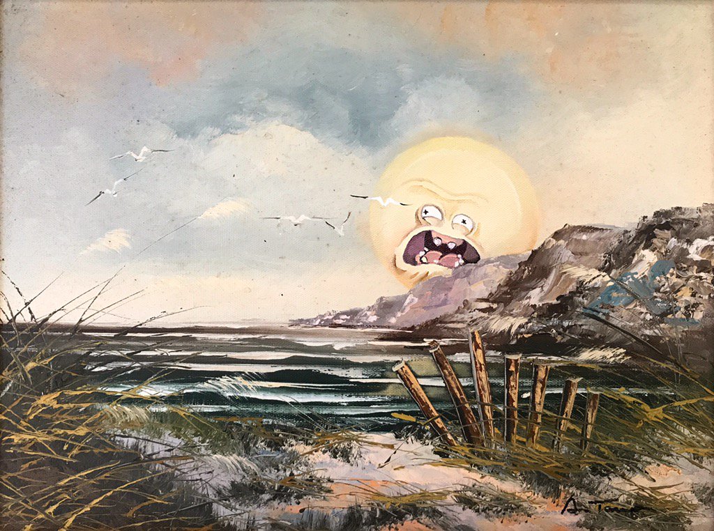 DavePollotArt's tweet photo. Enjoying the #sun over the long #FourthofJulyWeekend
#RickAndMorty #ScreamingSun #repurposedthriftartparody https://t.co/UtIqOXBdI4