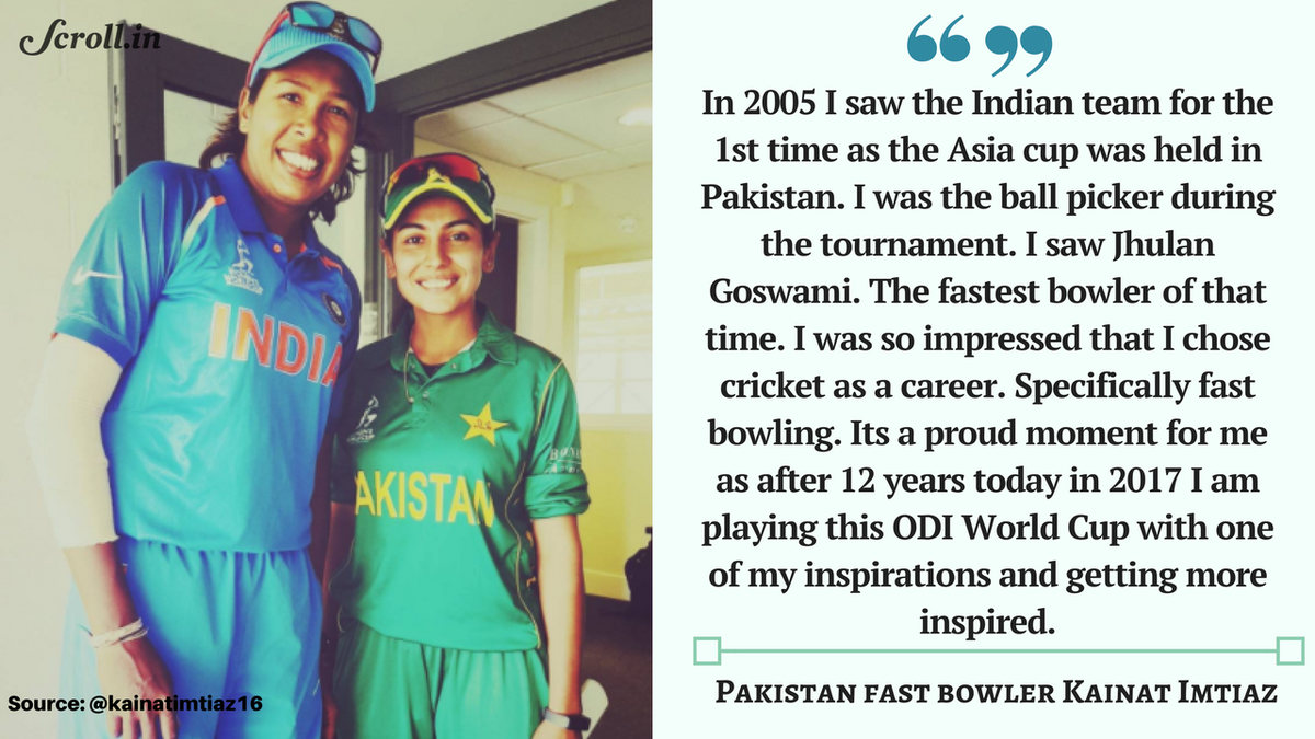 thefield_in's tweet photo. Pakistan pacer @kainatimtiaz16 on the person who inspired her to take up cricket... Jhulan Goswami.

#INDvPAK #WWC17 https://t.co/L6akkHbZr4