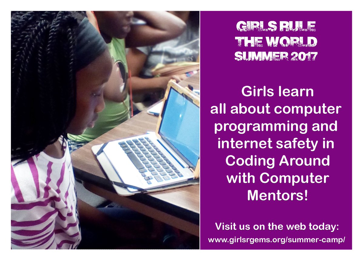 girlsrgems's tweet image. Learn computer coding and internet safety this summer with GEMS! girlsrgems.org/summer-camp/
#girlsruletheworld #summercamp #computercamp