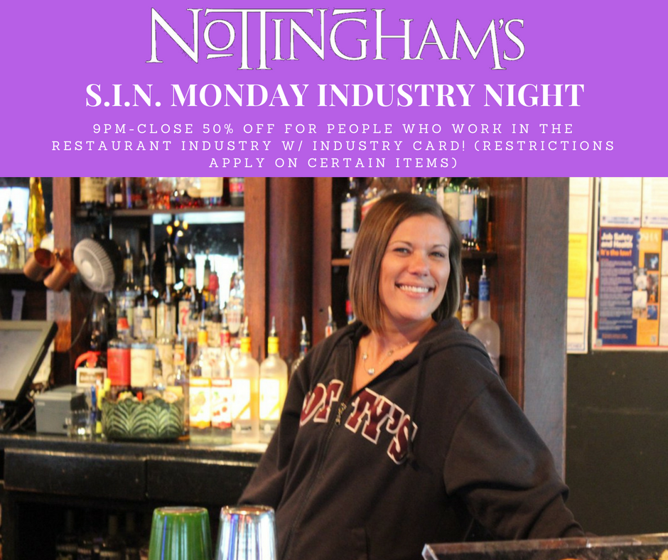 NottinghamsMD's tweet photo. Doors open at 5:00pm today.
Industry Night begins at 9:00pm - ½ OFF SELECT FOOD &amp; DRINK FOR INDUSTRY PEEPS #ColumbiaMD #HoCoMD #HoCoBiz https://t.co/gzePHSGrES