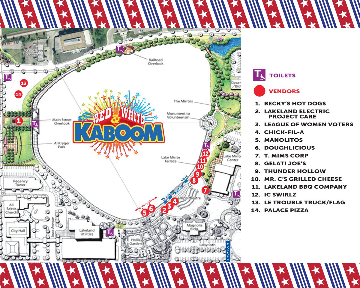 🇺🇸🦅🌭🎆 For all of your Red, White &amp; KABOOM planning needs, here's the official event map. See you soon at Lake Mirror! #lkld #IndependenceDay