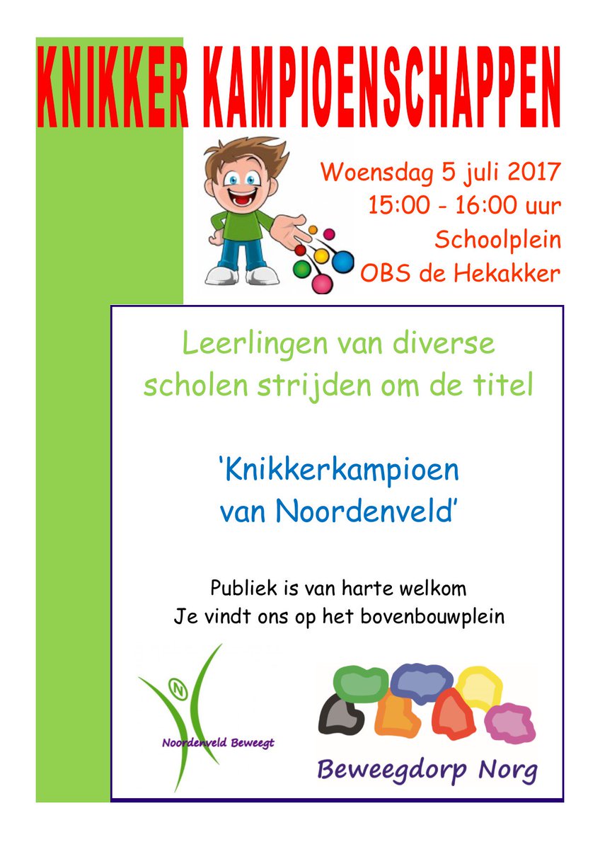 Woensdag Knikkerkampioenschappen van <a href="/Noordenveld/">Gemeente Noordenveld</a> op het schoolplein van <a href="/obsdeHekakker/">obs de Hekakker</a>. Kom je kijken? <a href="/SportPeize/">Sport- Cultuurcoach</a> <a href="/SportRoden/">Sport- Cultuurcoach</a>