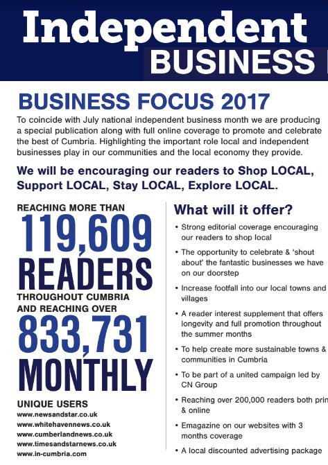 CNEnts's tweet photo. Take part in #Independent #Business Focus #Supplement - contact us now for your media pack -print inc digital from £99 ex VAT #Cumbria https://t.co/pudt23gcpc