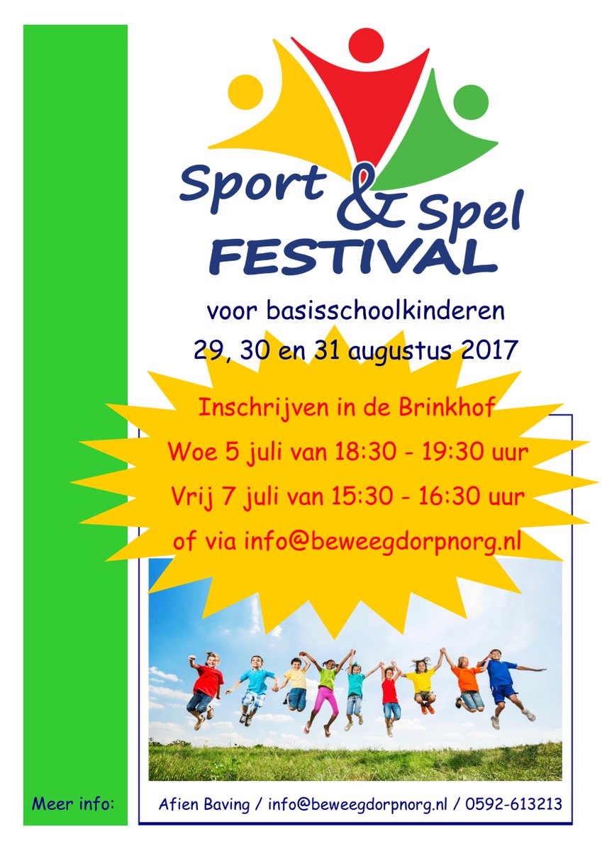 Niet vergeten: deze week je kids inschrijven voor het Sport &amp; Spel Festival van <a href="/BeweegdorpNorg/">Beweegdorp Norg</a>. Je vindt ons woe en vrij in de Brinkhof!