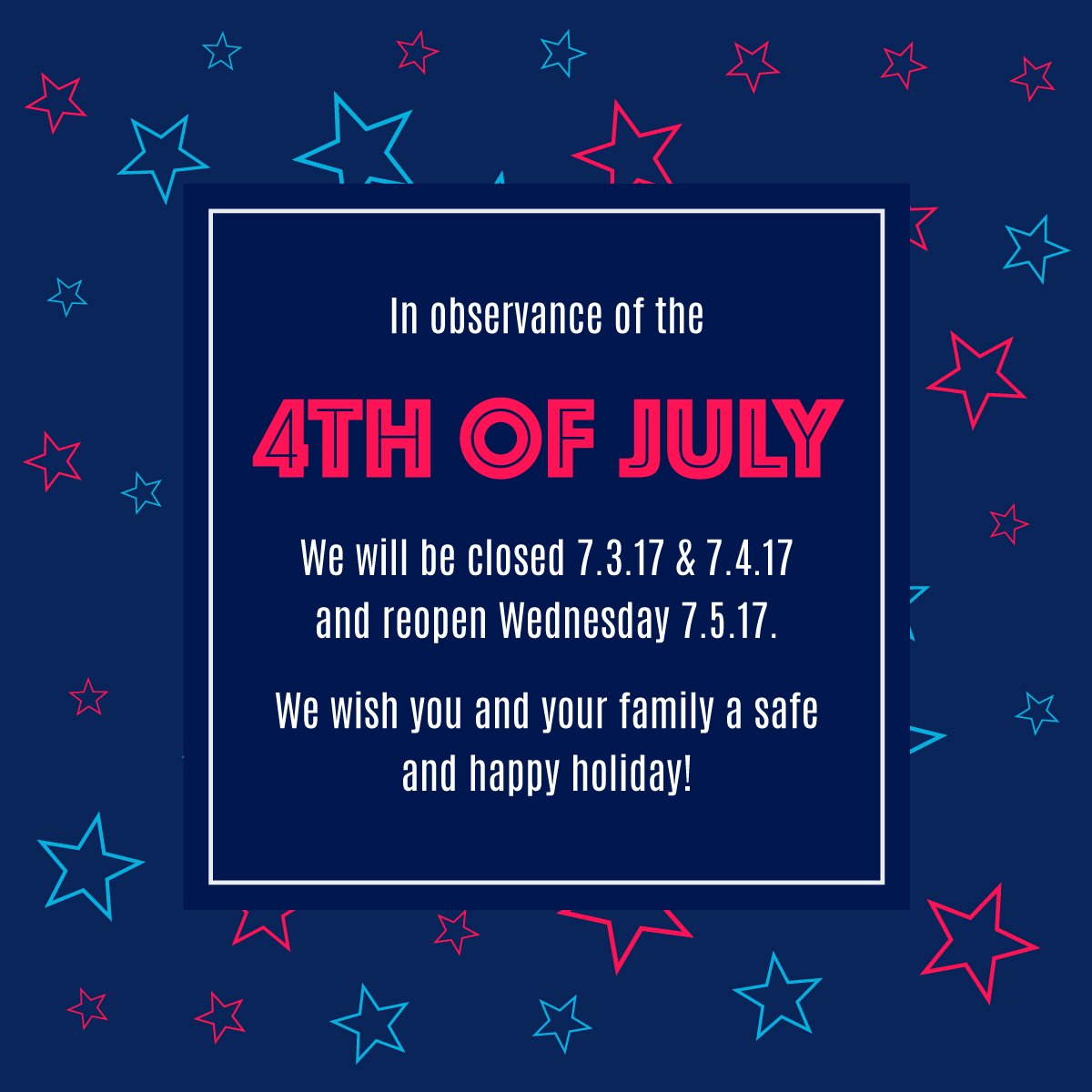 PFNSpeedLab's tweet photo. In observance of the 4th of July holiday, we will be closed 7.3 &amp; 7.4. We wish you and your family a safe &amp; happy holiday! https://t.co/24Zybm61IW
