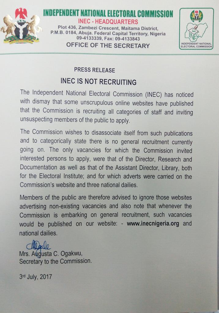 INEC Nigeria on X: “Press Release INEC IS NOT RECRUITING https://t