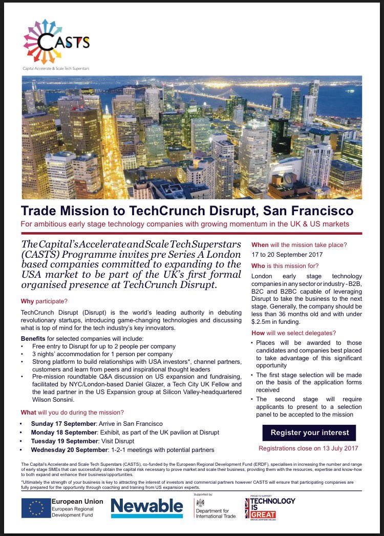 #CASTS Trade Mission with #Newable to #TechCrunch Disrupt, San Francisco for ambitious, London based Tech startups