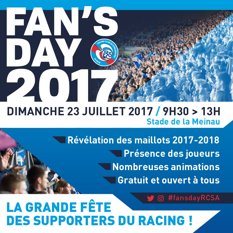 RCSA's tweet photo. Fan’s Day 2017, nouveaux maillots : rendez-vous le 23 juillet ! 
👉  https://t.co/mW1tJv6NBn
#fansdayRCSA #UnSeulAmour 💙#TousRacing https://t.co/HoP02t9Eud