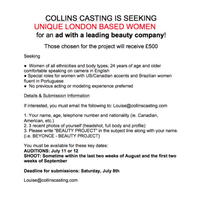 #casting unique London based women 24+ PAID TV commercial for leading #beautybrand to apply email Louise@collinscasting.com. Info on flyer