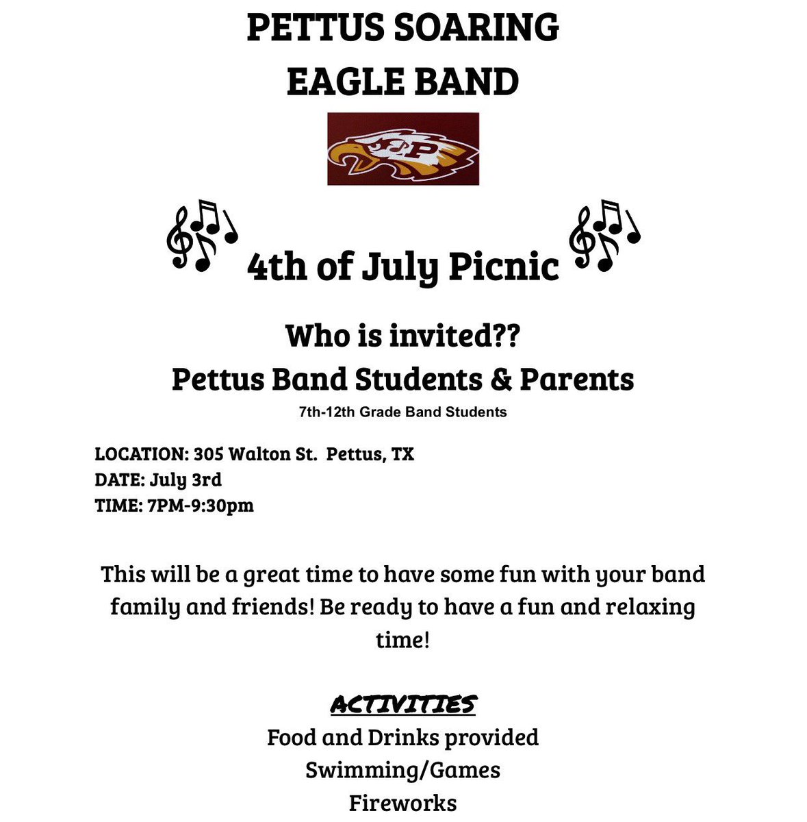 PettusBand's tweet photo. REMINDER:

Tonight is our 4th of July Picnic. Please spread the word and we hope to see you all there🦅🎶 https://t.co/Y10f8KiYi1