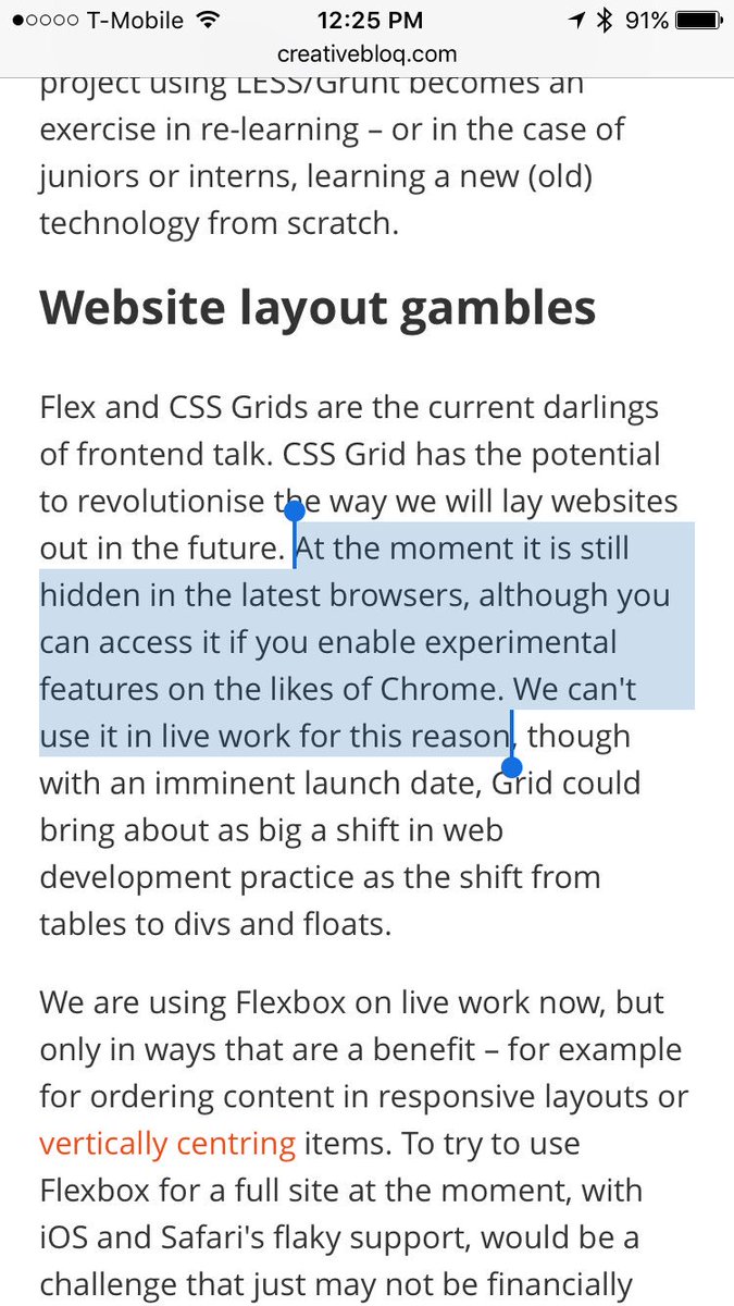 A screenshot of the article highlighting this quote: "CSS Grid has the potential to revolutionise the way we will lay websites out in the future. At the moment it is still hidden in the latest browsers, although you can access it if you enable experimental features on the likes of Chrome. We can't use it in live work for this reason." Identifying information about which blog this is has been intentionally left out.
