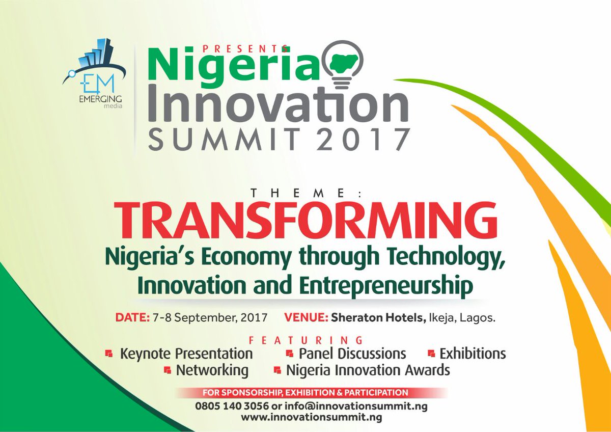 ngInnovations's tweet image. Nigeria Innovation Summit  2017 to explore emerging Tech Innovations. Join us September 7-8 at Sheraton Hotels,Lagos goo.gl/iSsc9d