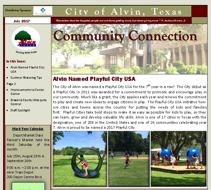 CityofAlvinTx's tweet photo. July, 2017 Community Connection Newsletter https://t.co/Zkw8EvZfuY #alvintx #stayinformed #citiesprovide #wherewelive https://t.co/1ZnA1MiKyR