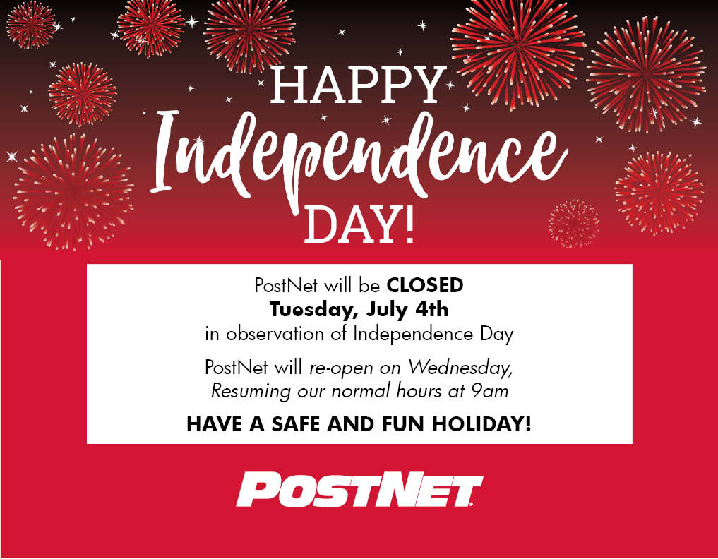 PostNetIL106's tweet photo. PostNet will be closed, Tues, 7/4
in observation of Independence Day
&amp; re-open on Wed, w/ normal hours at 9am
Have a Safe and Fun Holiday! https://t.co/l3EOvAr3cE