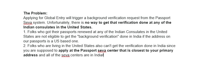 MV010113's tweet photo. @SushmaSwaraj Global Entry applications are blocked because of a snafu with integration with the Indian Passport Seva system. Please help! https://t.co/9tHayng3zQ