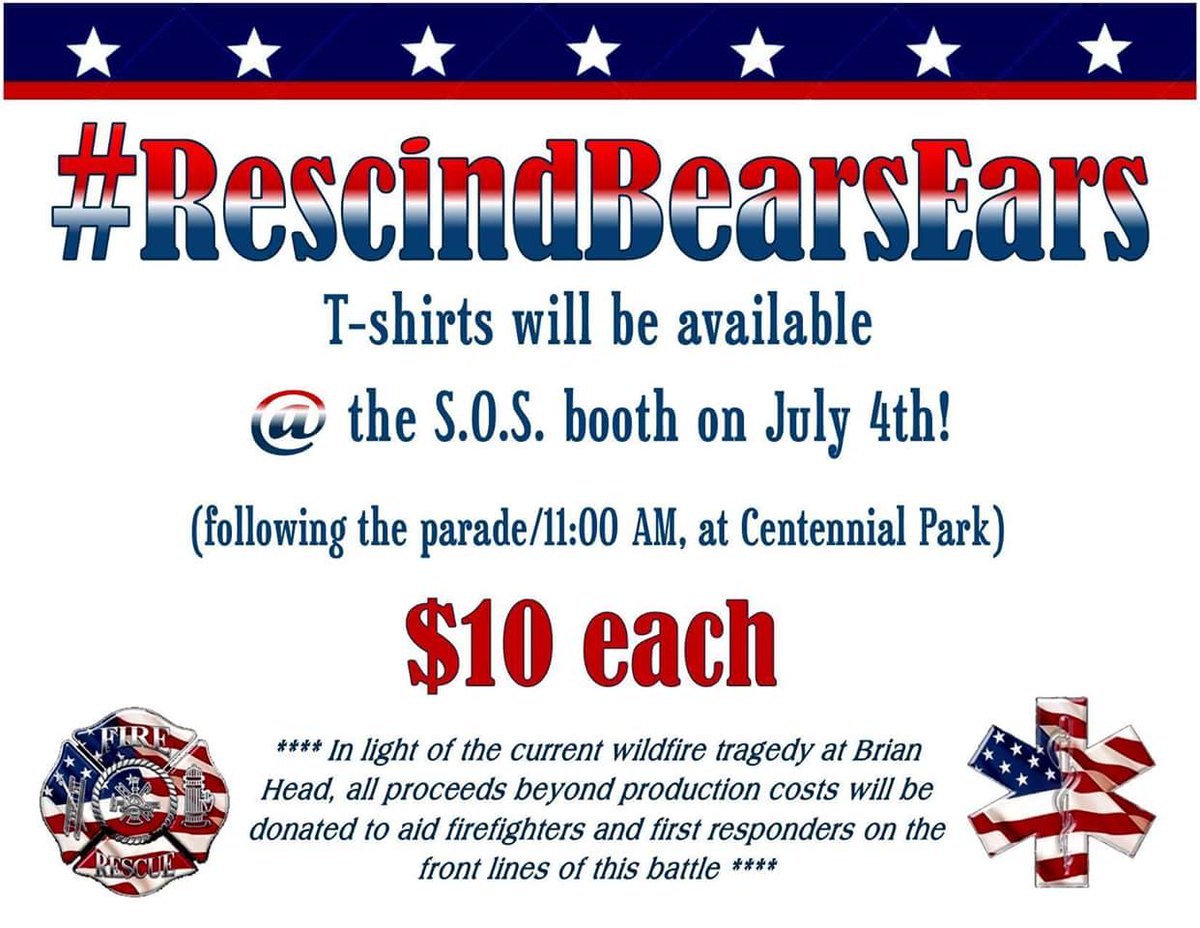 JamiBayles's tweet photo. It's a 2fer! Come buy a #RescindBearsEars t-shirt, &amp; send #BrianHead some ❤. All proceeds will go to those fighting that catastrophic fire. https://t.co/C4859OS8v0