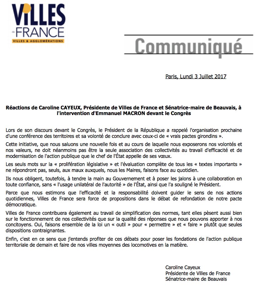 VillesdeFrance's tweet photo. Suite au discours d’@emmanuelmacron devant le #CongresVersailles, réaction de @carolinecayeux Présidente des @villes2fr dans ce #communiqué. https://t.co/AggAO7rp8P