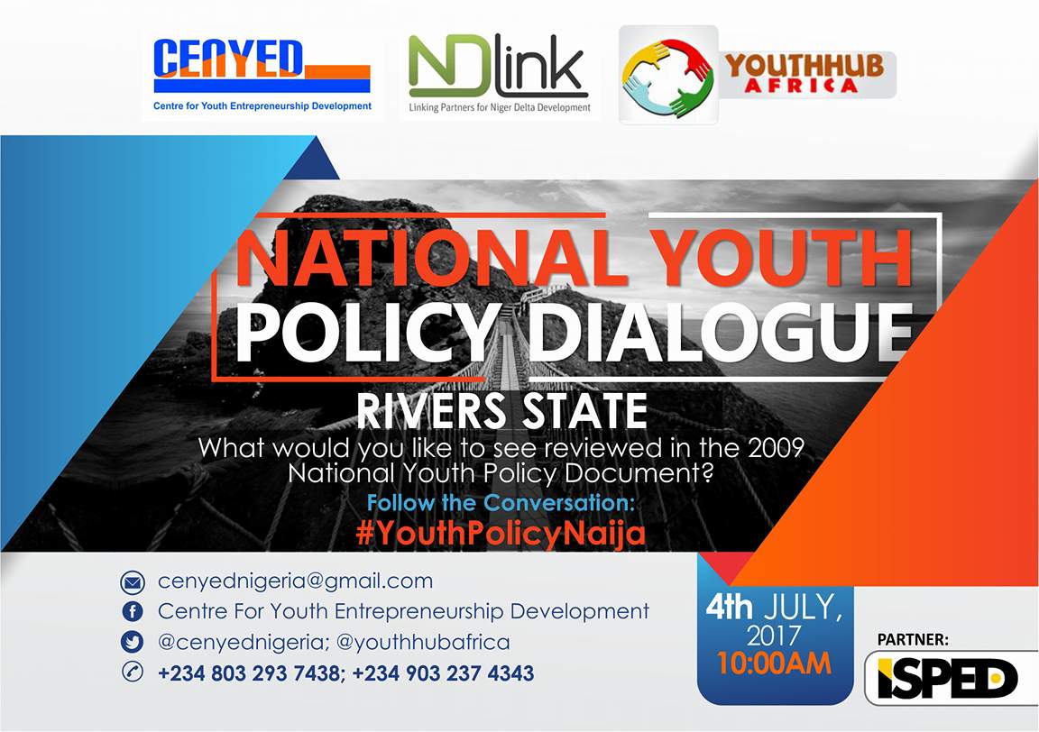 We're happy to be one of the Organizing Partners for tomorrow's National Youth Policy Dialogue, Rivers State. 
Join using #YouthPolicyNaija