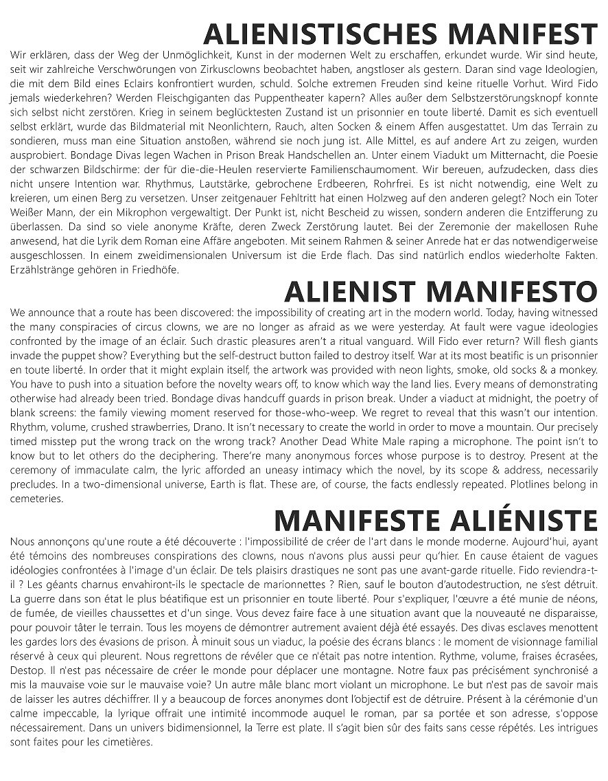AlienManifest's tweet photo. Alienistisches Manifest
Alienist Manifesto
Manifeste Aliéniste
#Alienism #Aliénisme #Alienismus #Manifesto #Prague #InternationaleAliéniste https://t.co/LfuQVPekxD