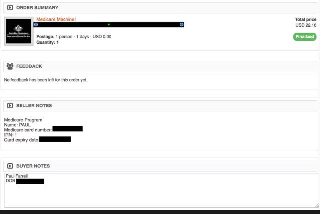 FarrellPF's tweet photo. I purchased my own Medicare card details from the Darkweb auctioneer for just $20USD. The vendor even uses a fake Aus gov logo https://t.co/k5Ghk05QKK