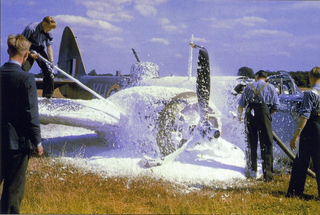RAF fire drill, using foam retardant on a Bristol Blenheim.