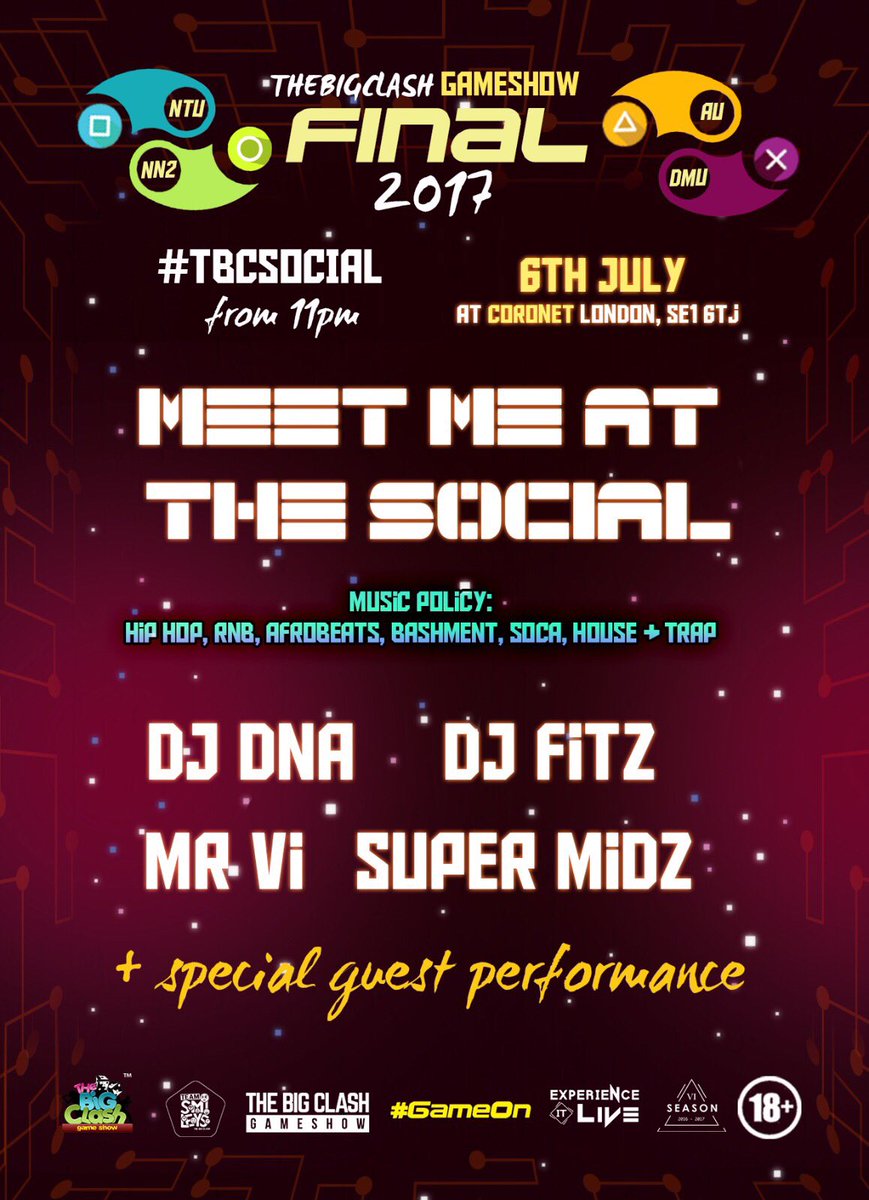 TheBigClash's tweet photo. @TBCAllStars @TemiTysKitchen @picturell @TeamNN2_S6 @TeamDMU_S6 @TeamNTU_S6 @Team_Smileys @TeamAU_S6 @ShaynaTMarie Oiiiii MEET ME AT THE SOCIAL!!!

After the gameshow 
It's #TBCSocial

🤤🎈🎉😎

#TheBigClash Final 2017
#MeetMeAtTheSocial https://t.co/4sx2qXbGbZ
