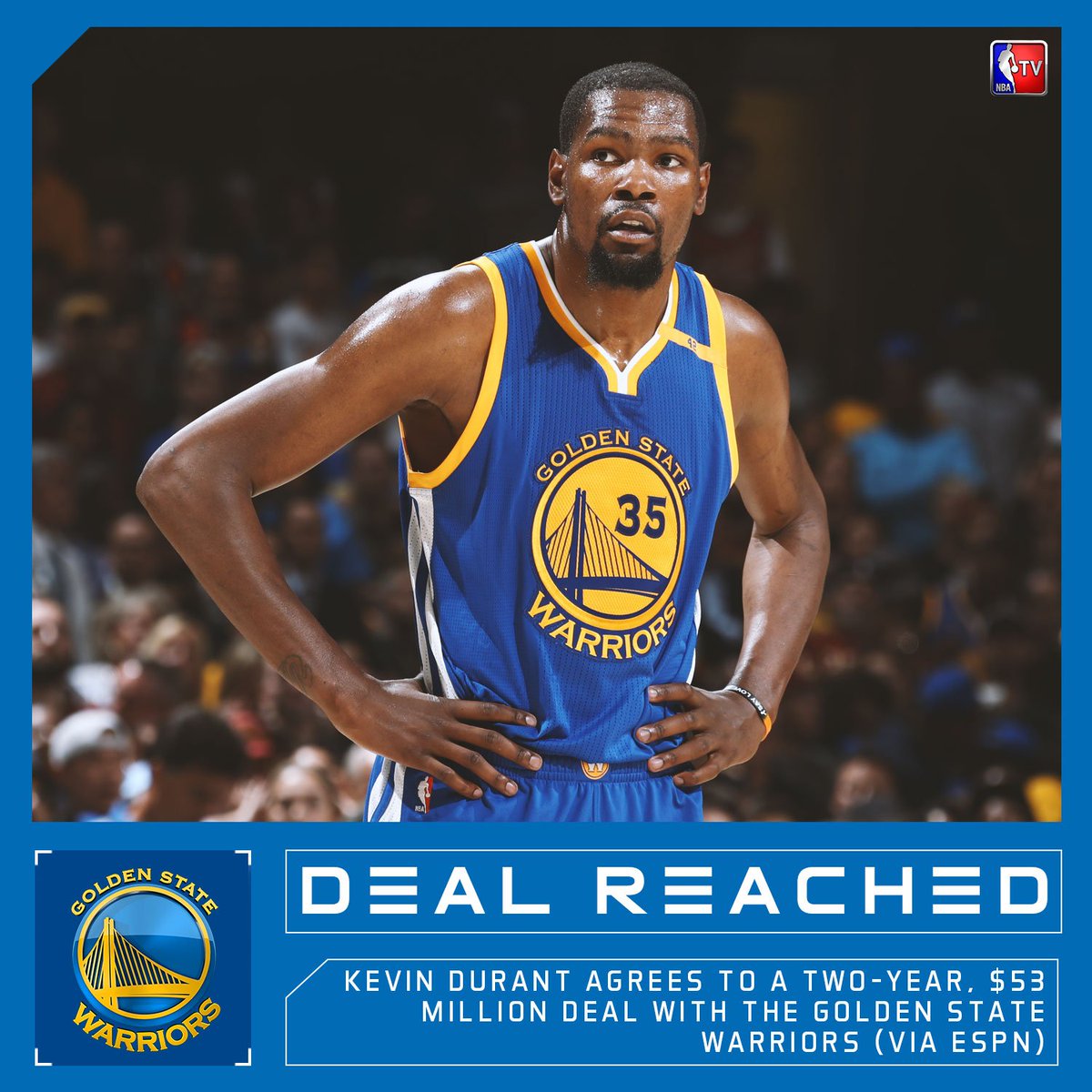 NBATV's tweet photo. REPORTS: Kevin Durant agrees to a two-year, $53M deal with the Golden State Warriors (via ESPN). https://t.co/n2P6JtQW9Z