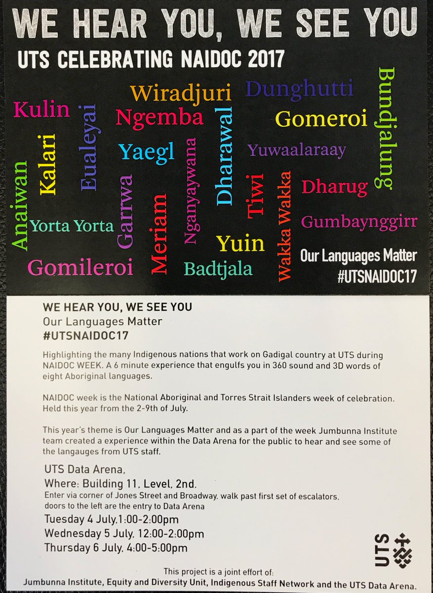 Jumbunna_Inst's tweet photo. Share your experience with us #OurLanguagesMatter 3D & 360 sound immersion #NAIDOC2017 #UTSNAIDOC17 launch today 12 #UTSDataArena https://t.co/1GPYyvDL2o
