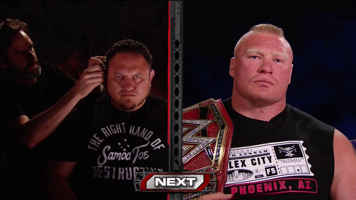 WWE's tweet photo. UP NEXT: An exclusive interview with @SamoaJoe and #UniversalChampion @BrockLesnar takes place just SIX DAYS before #WWEGBOF! #RAW https://t.co/dREcWVqatI
