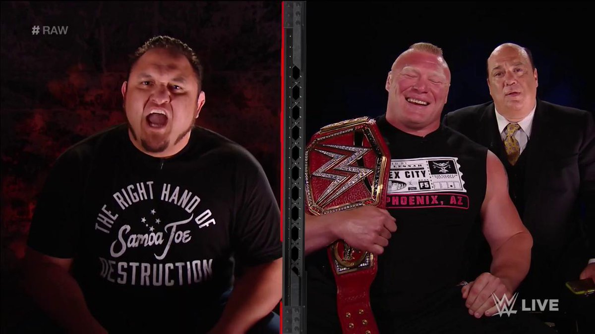 WWEUniverse's tweet photo. #UniversalChampion @BrockLesnar is NOT scared of @SamoaJoe...at all. #RAW https://t.co/ymlfnVVW4h